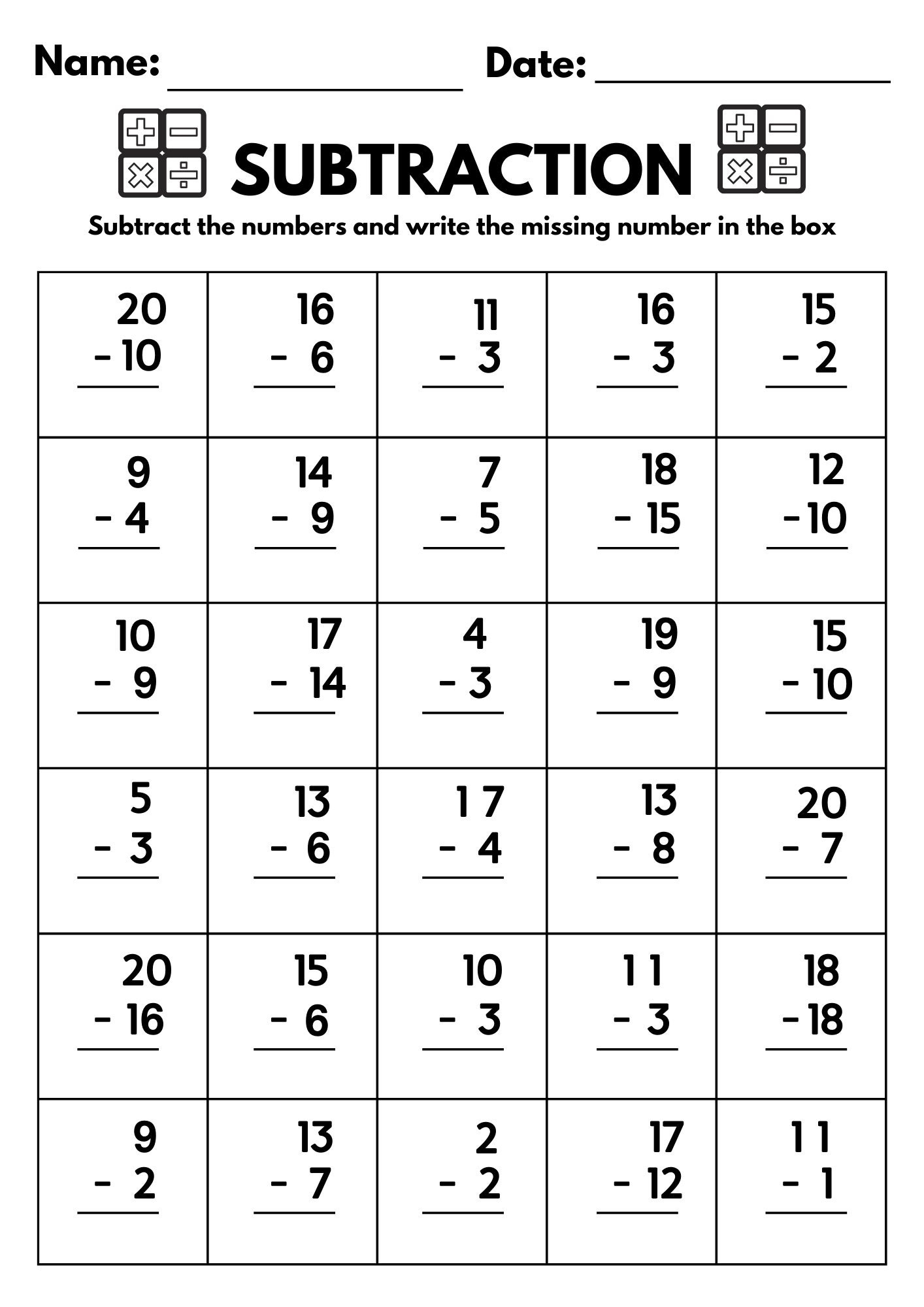10 Printable Subtraction Fill In The Blanks Worksheets Numbers 1 20 For Kindergarten 1st Grade 2nd Grade Math Subtraction Worksheets Etsy Israel