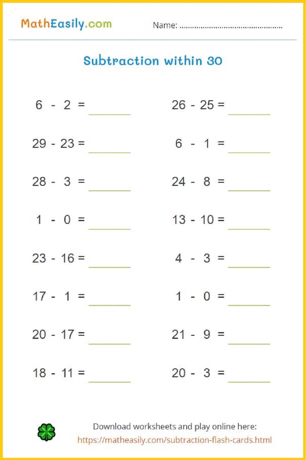 100 Math Subtraction Worksheets PDF Free Download