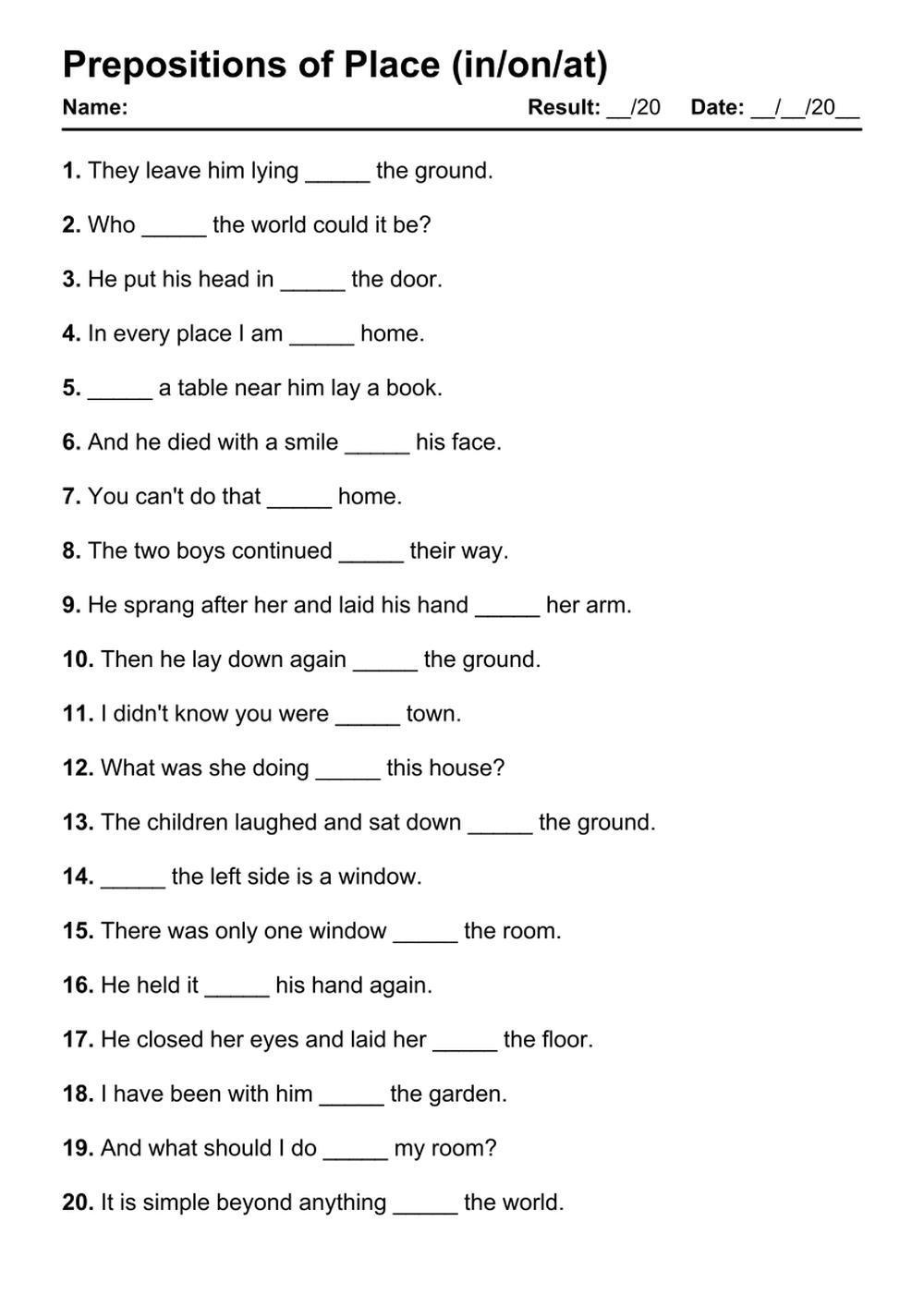 101 Prepositions Of Place PDF Worksheets With Answers Grammarism