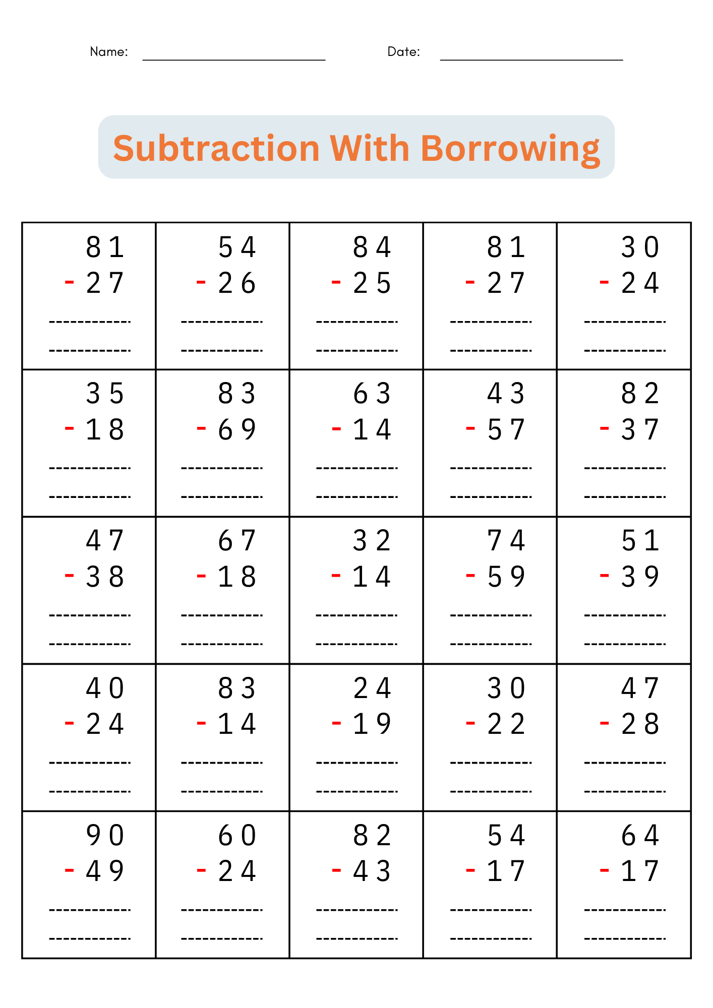 Free Subtraction Worksheets To 12