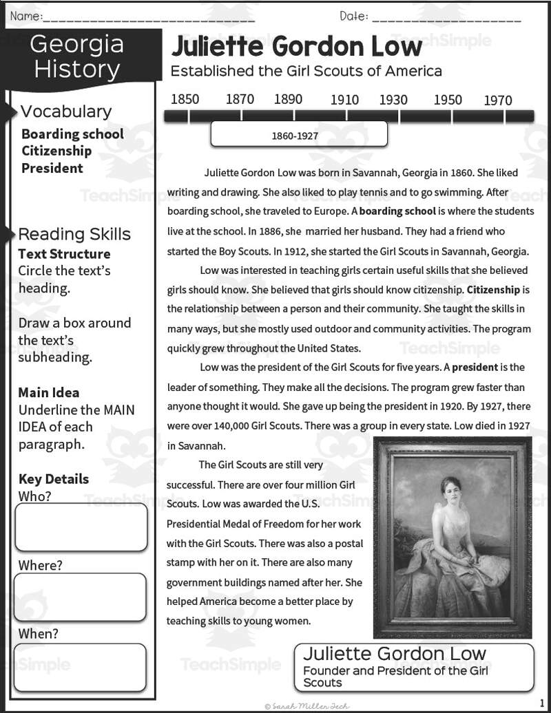 2nd Grade Reading Packet Juliette Gordon Low By Teach Simple