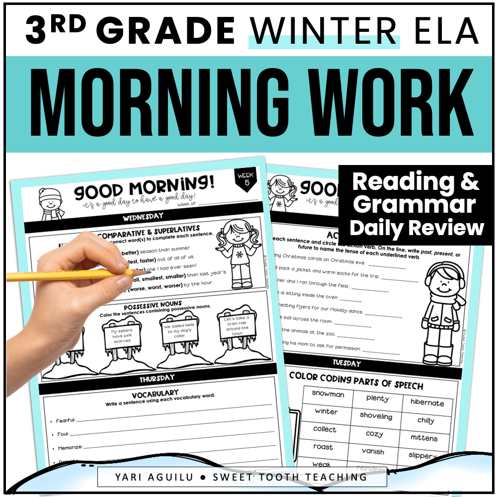 3rd Grade Winter Morning Work ELA Daily Review Activities Printable Bell Ringers Shop Sweet Tooth Teaching