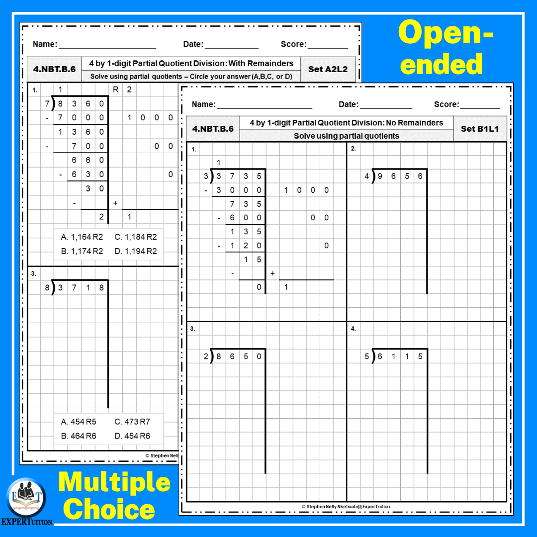 4 Digit By 1 Digit Partial Quotients Division With And Without Remainders Practice Worksheets Made By Teachers
