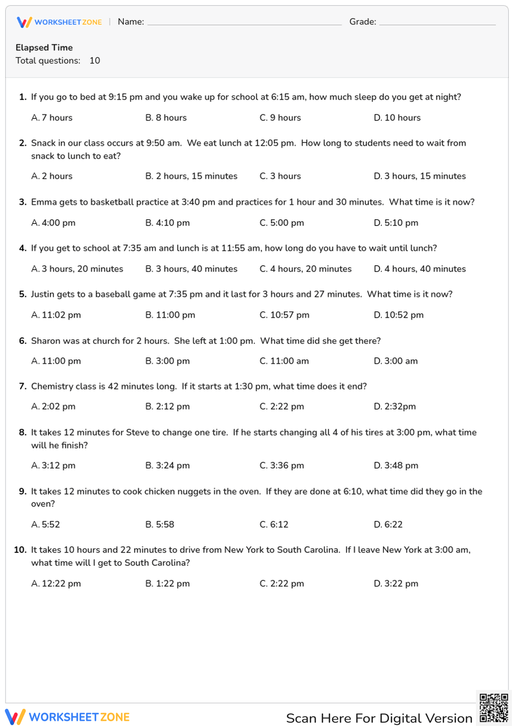 4th Grade Elapsed Time Worksheets