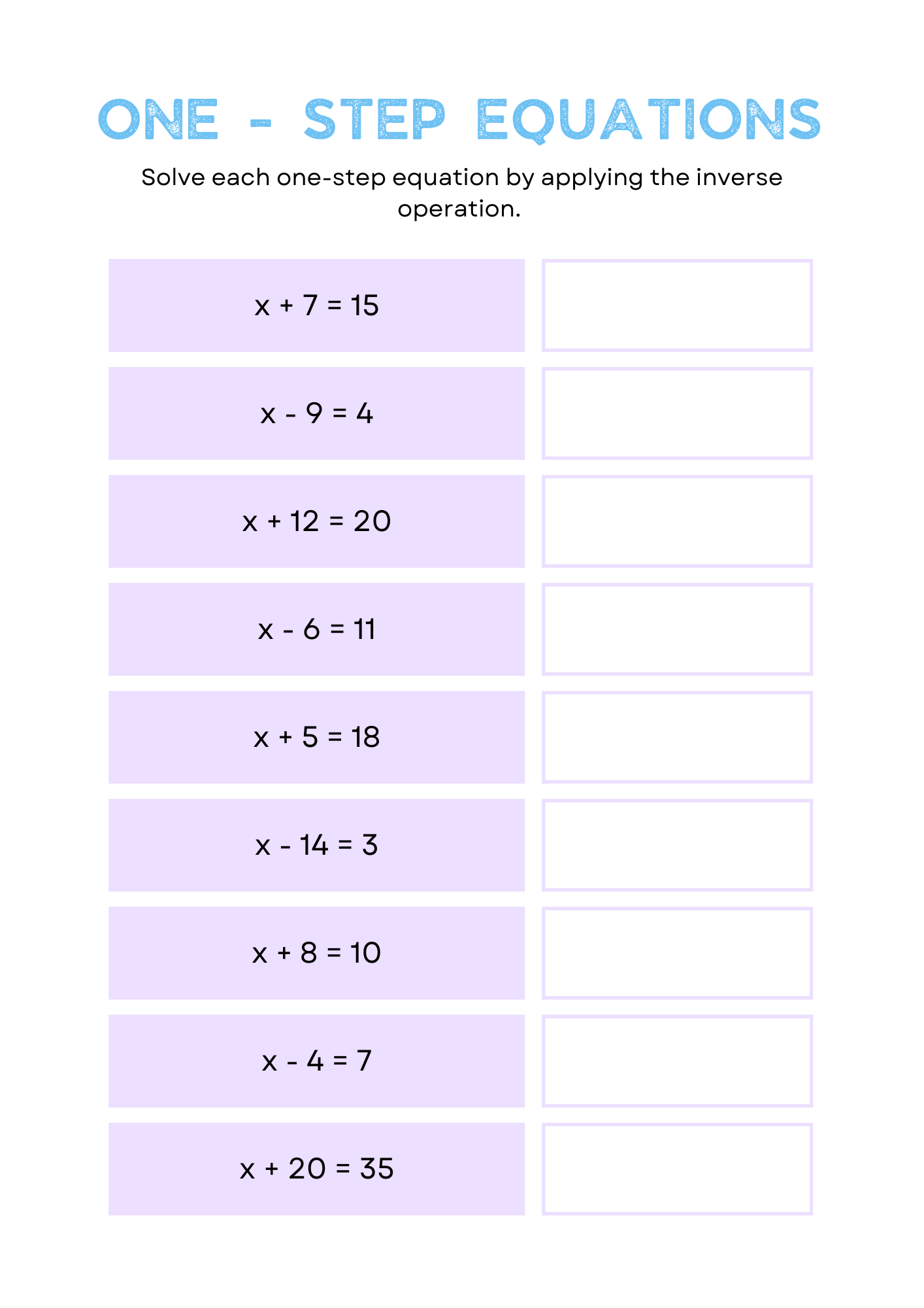 50 Free Printable One Step Equations Worksheet To Download In PDF