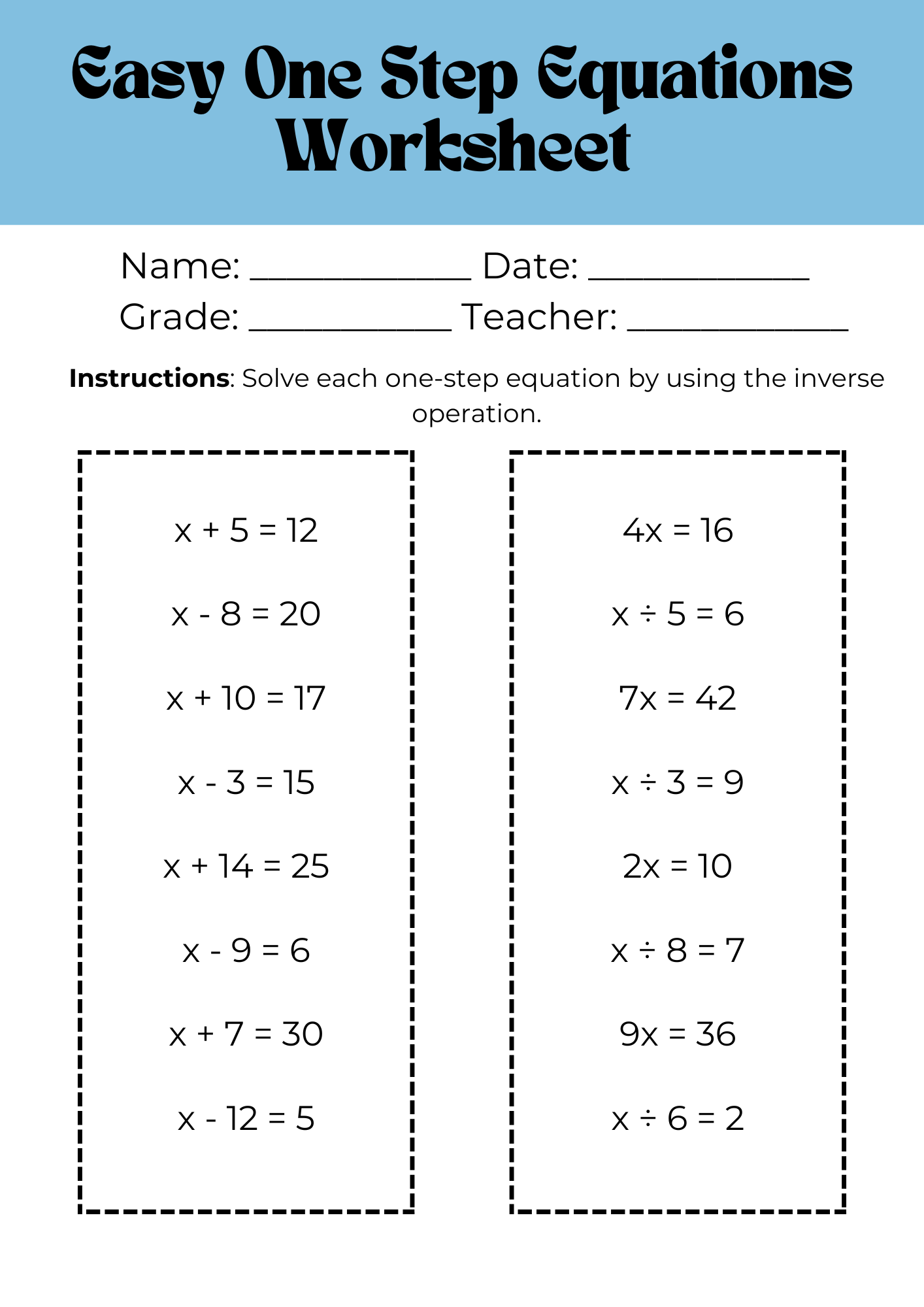 Variable Equations Worksheets