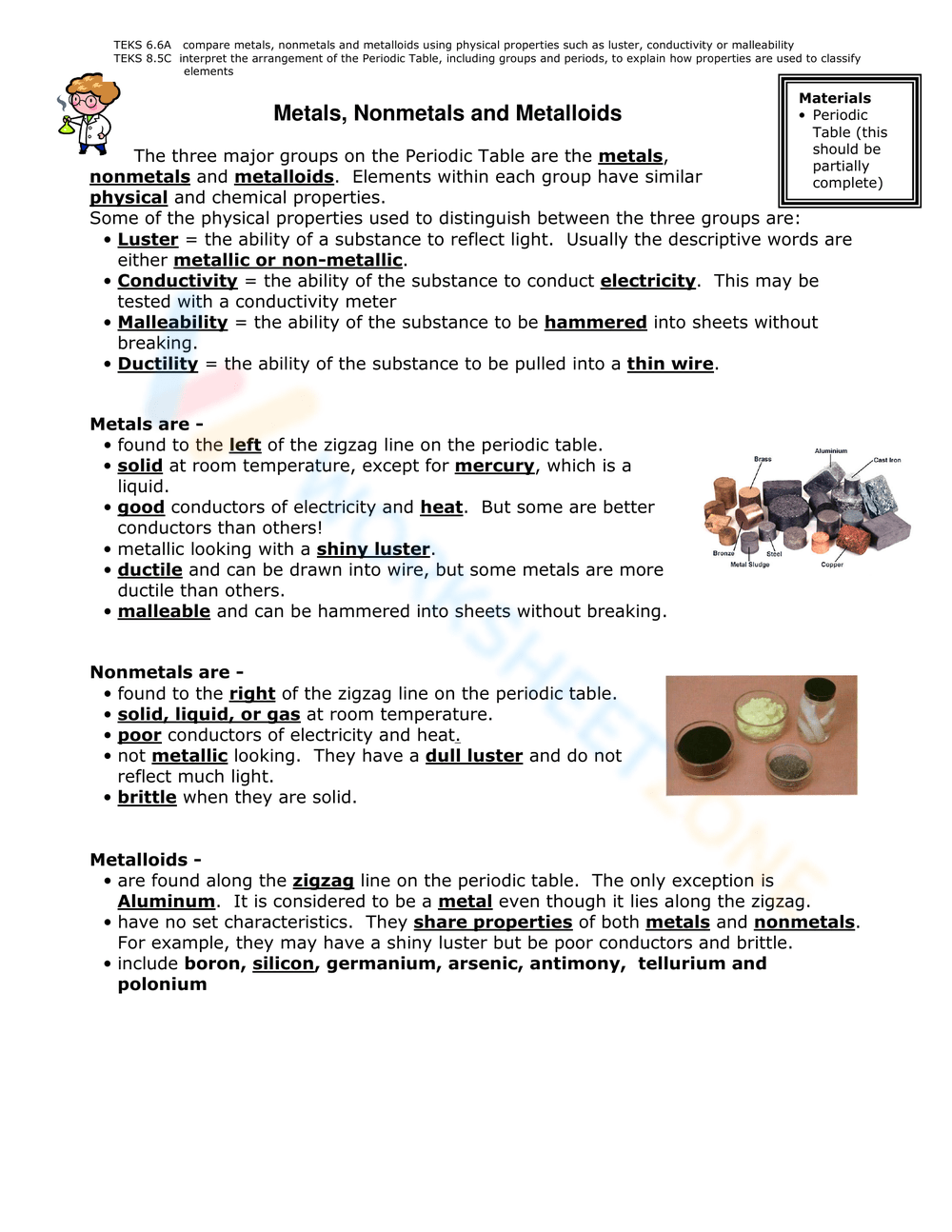 8th Grade Metals Nonmetals And Metalloids Worksheets Printable