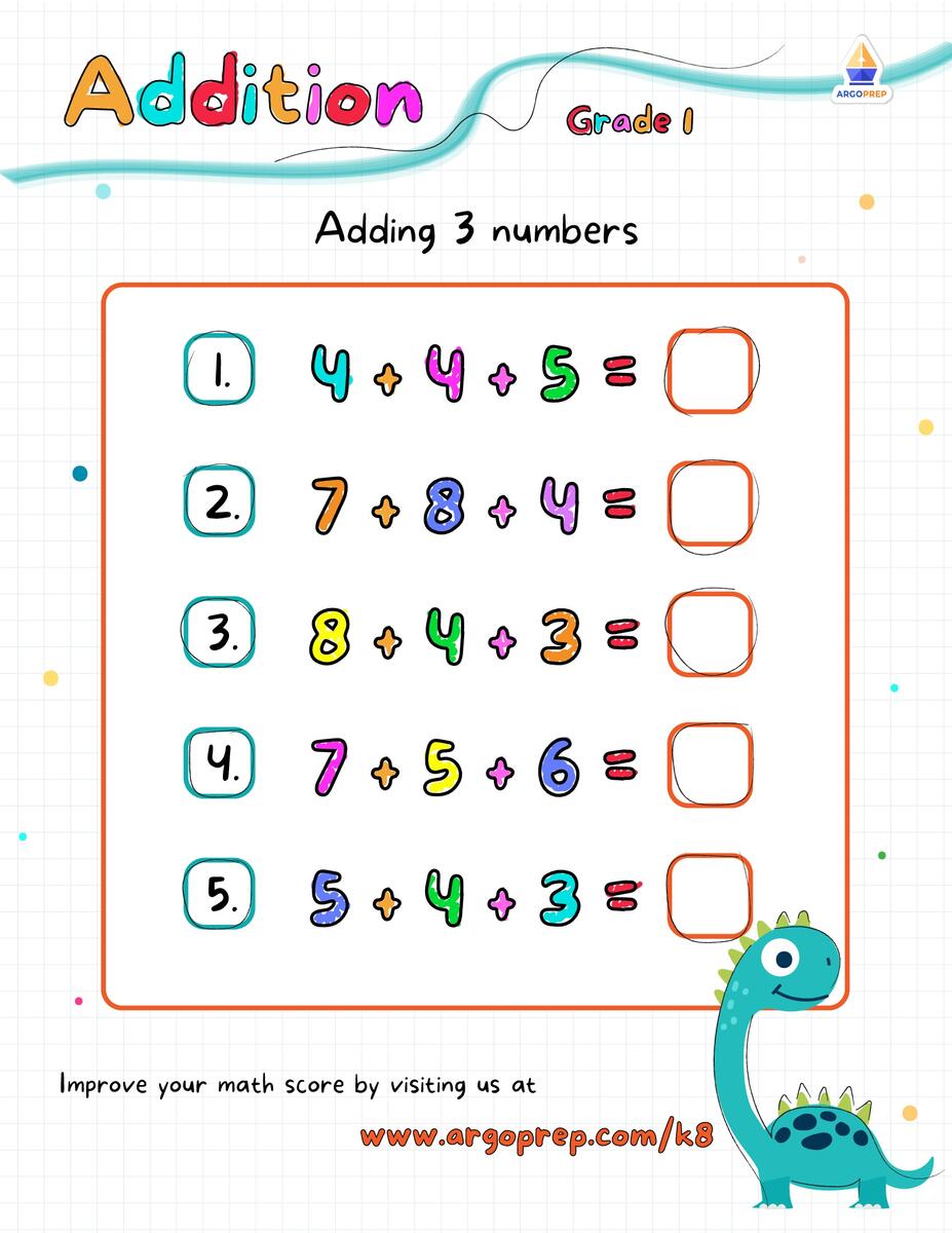 Add 3 Single Digit Numbers Grade 1 Addition Worksheets ArgoPrep Add 3 Single Digit Numbers Grade 1 Addition Worksheets ArgoPrep