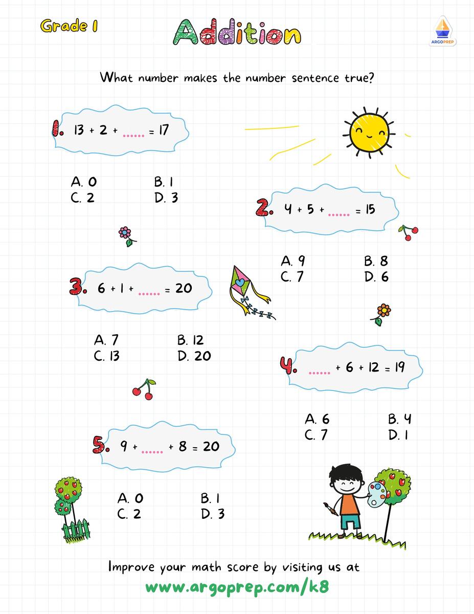 Add 3 Single Digit Numbers Grade 1 Addition Worksheets ArgoPrep