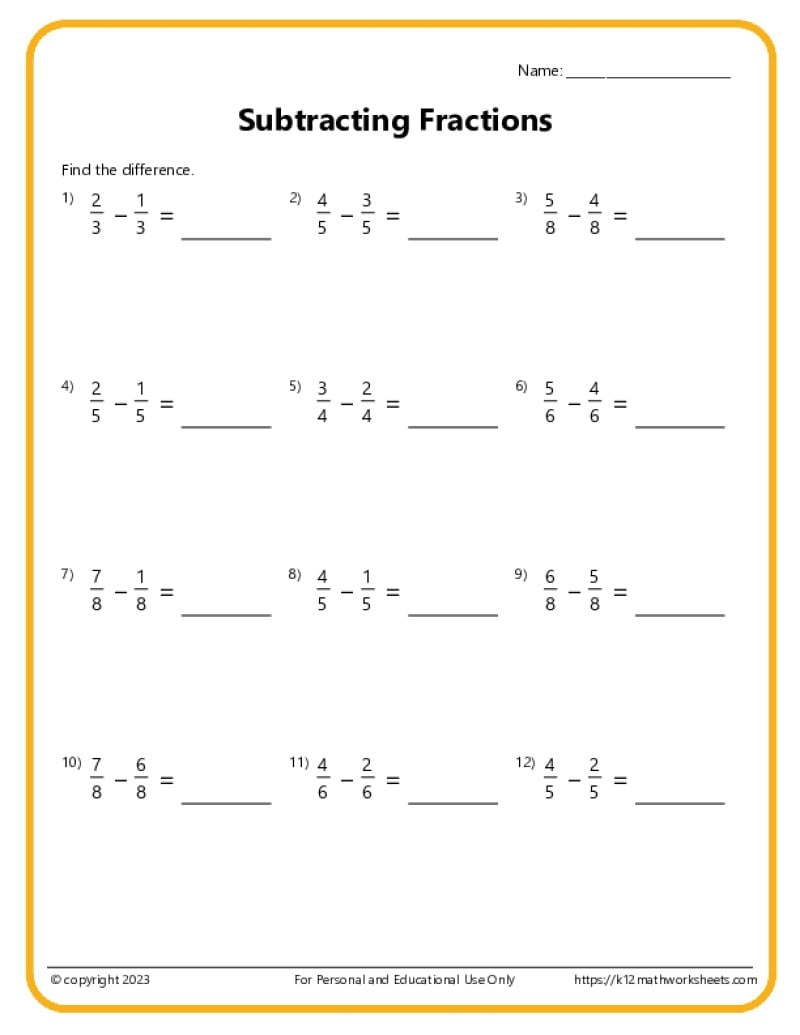 Subtract Fractions Worksheets For 5th 6th Grade Like Denominators Made By Teachers