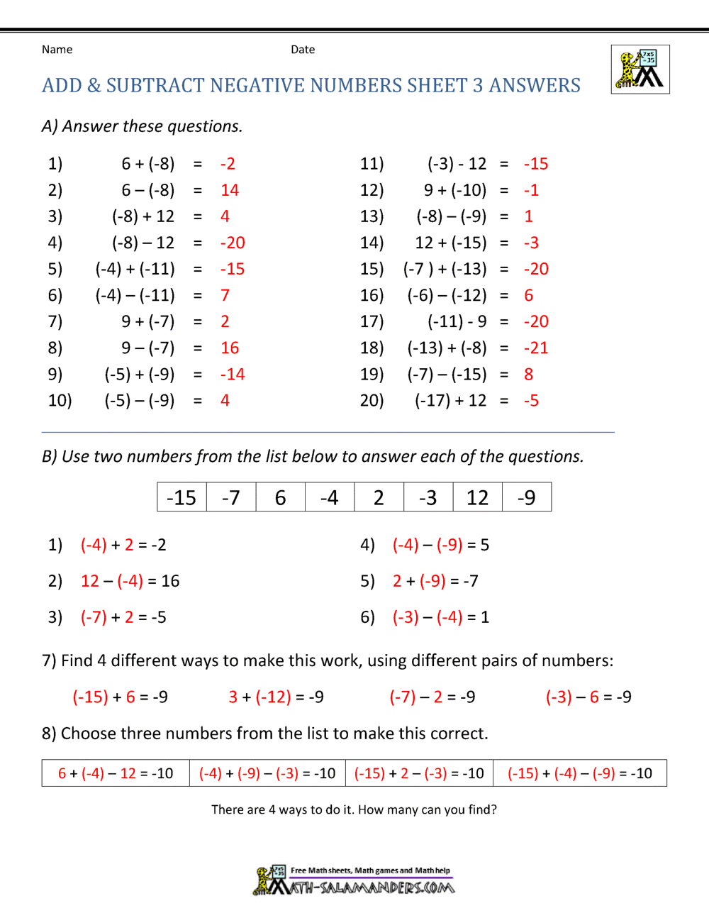 Adding And Subtracting Negative Numbers