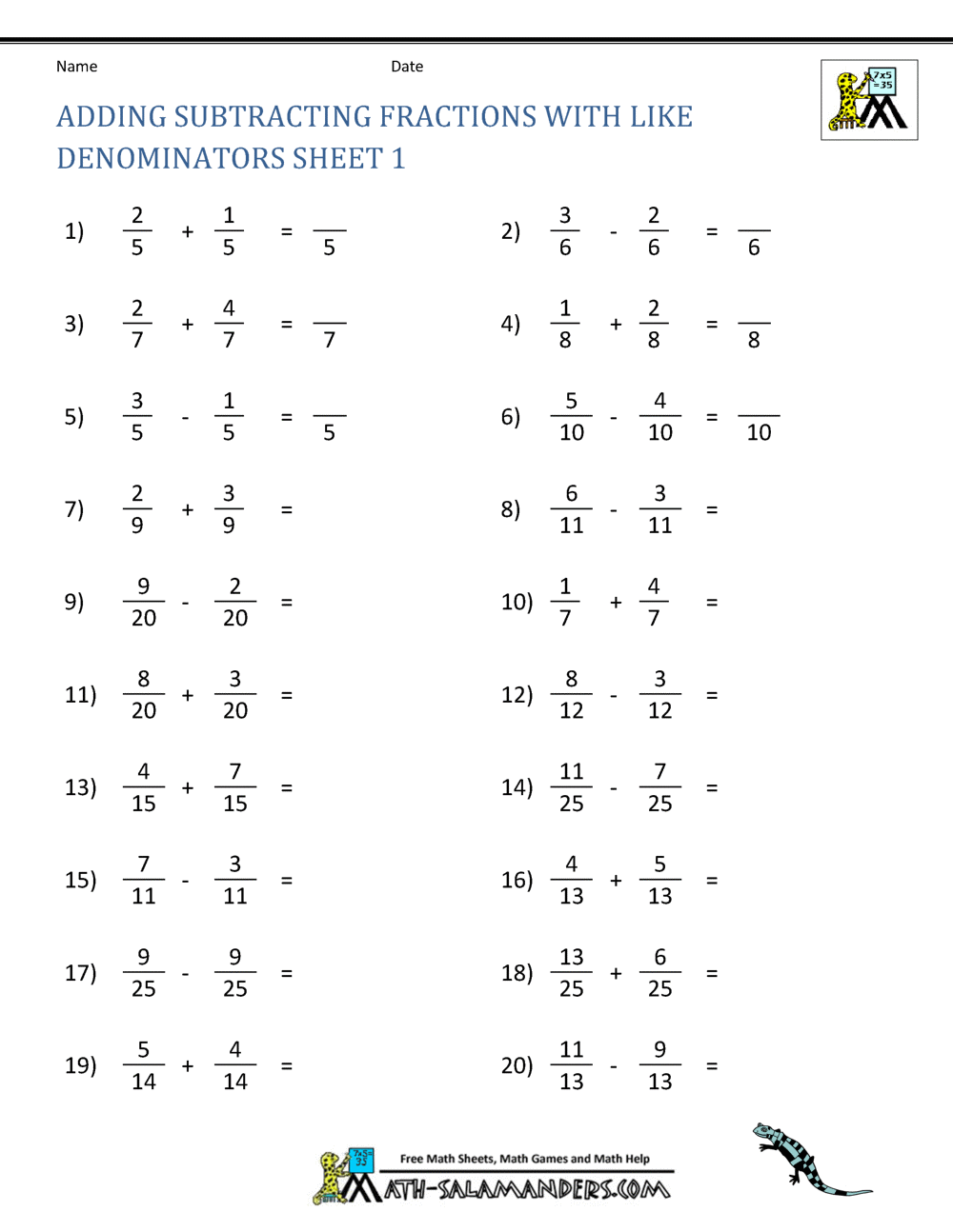 Adding And Subtracting Fractions Worksheet Printable Maths Worksheets