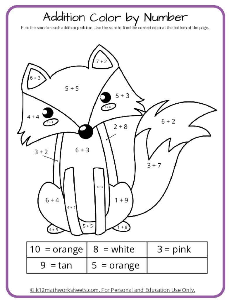 Addition Color By Number Printable Activities Addition Color By Number Printable Activities