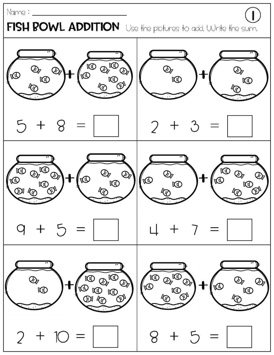 Addition With Pictures Sum Up To 20 Worksheets Adding Fish Bowls Pictures Math Worksheets Printable Etsy