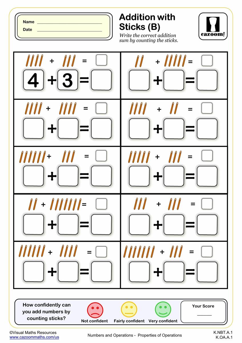 Addition With Sticks C PDF Printable Addition Worksheets Cazoom Math