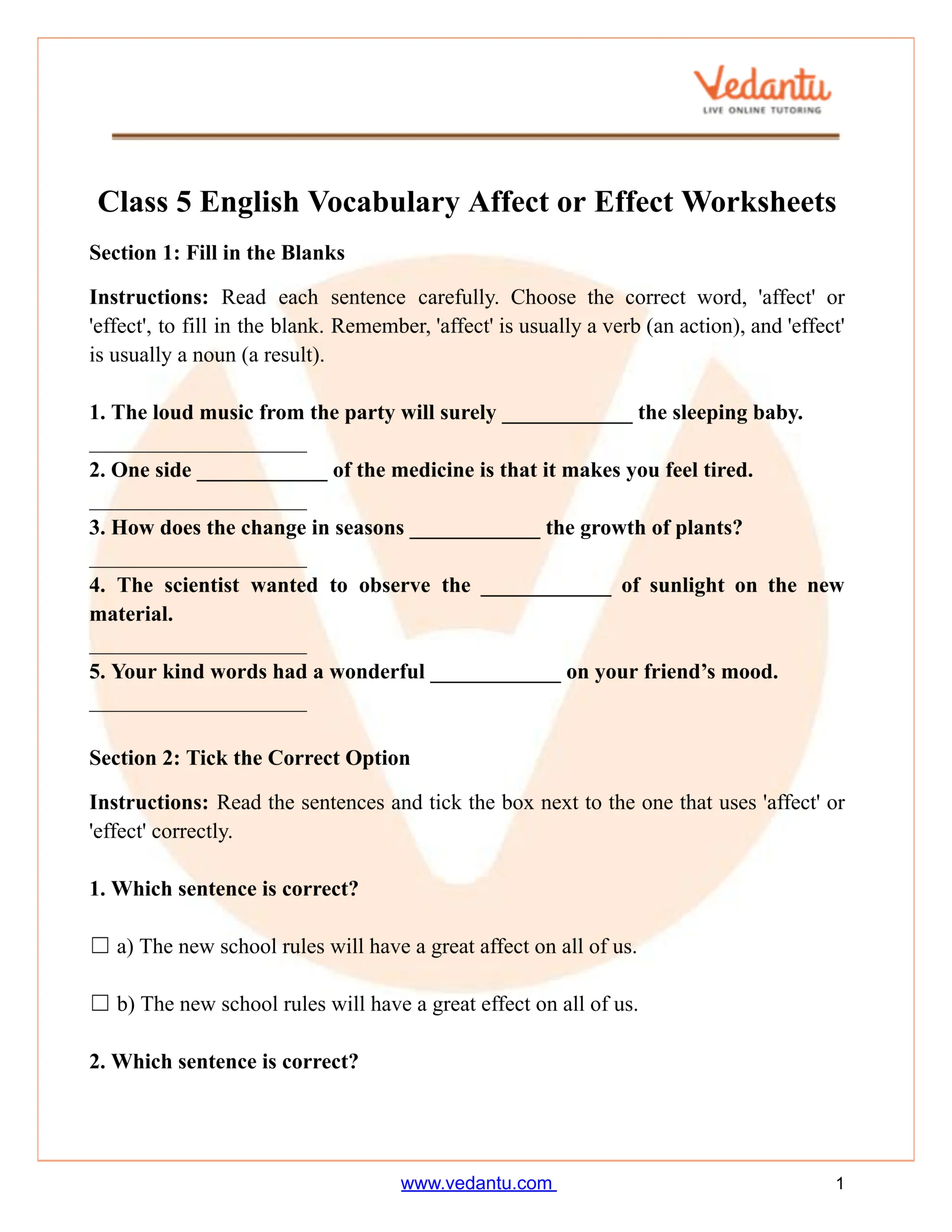 Affect Vs Effect Worksheet For Class 5 Free PDF Practice
