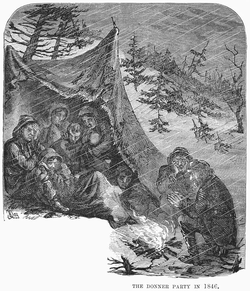 Amazon Donner Party 1846 47 Nmembers Of The Donner Party Trapped By Snow In A Sierra Nevada Pass Huddle To Keep Warm During The Winter Of 1846 47 Wood Engraving American 19Th Century Poster