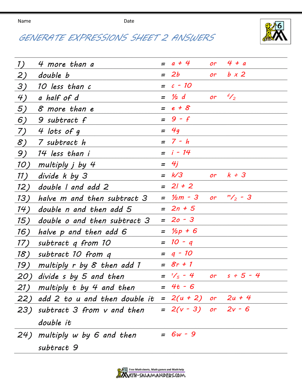 Algebra Worksheets With Answers Printable PDF Math Worksheets Cazoom Math