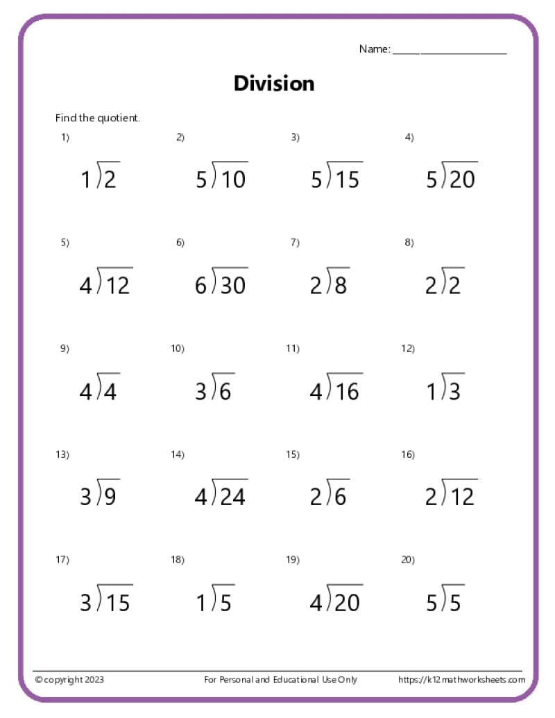 Division Facts Worksheets