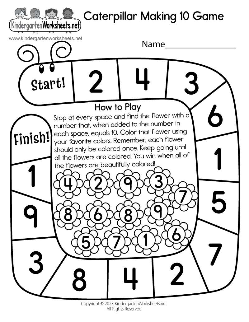 Caterpillar Making 10 Game Worksheet Free Printable Digital PDF Kindergarten Counting Games