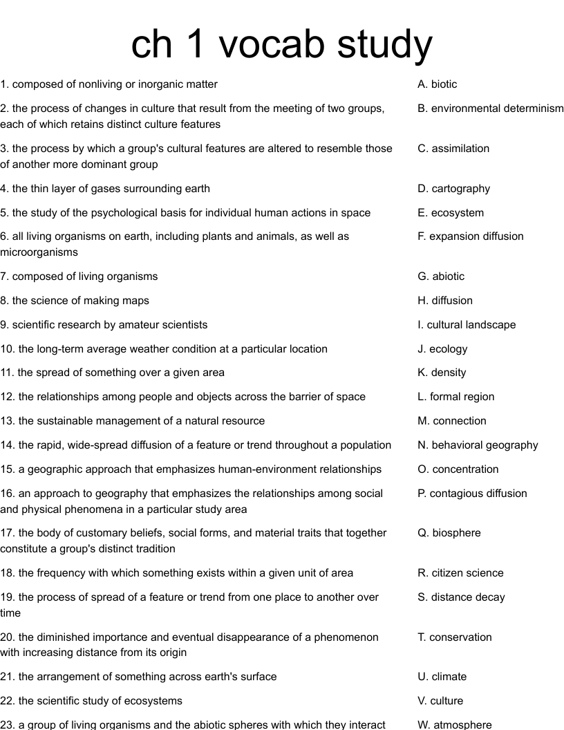 Ch 1 Vocab Study Worksheet WordMint