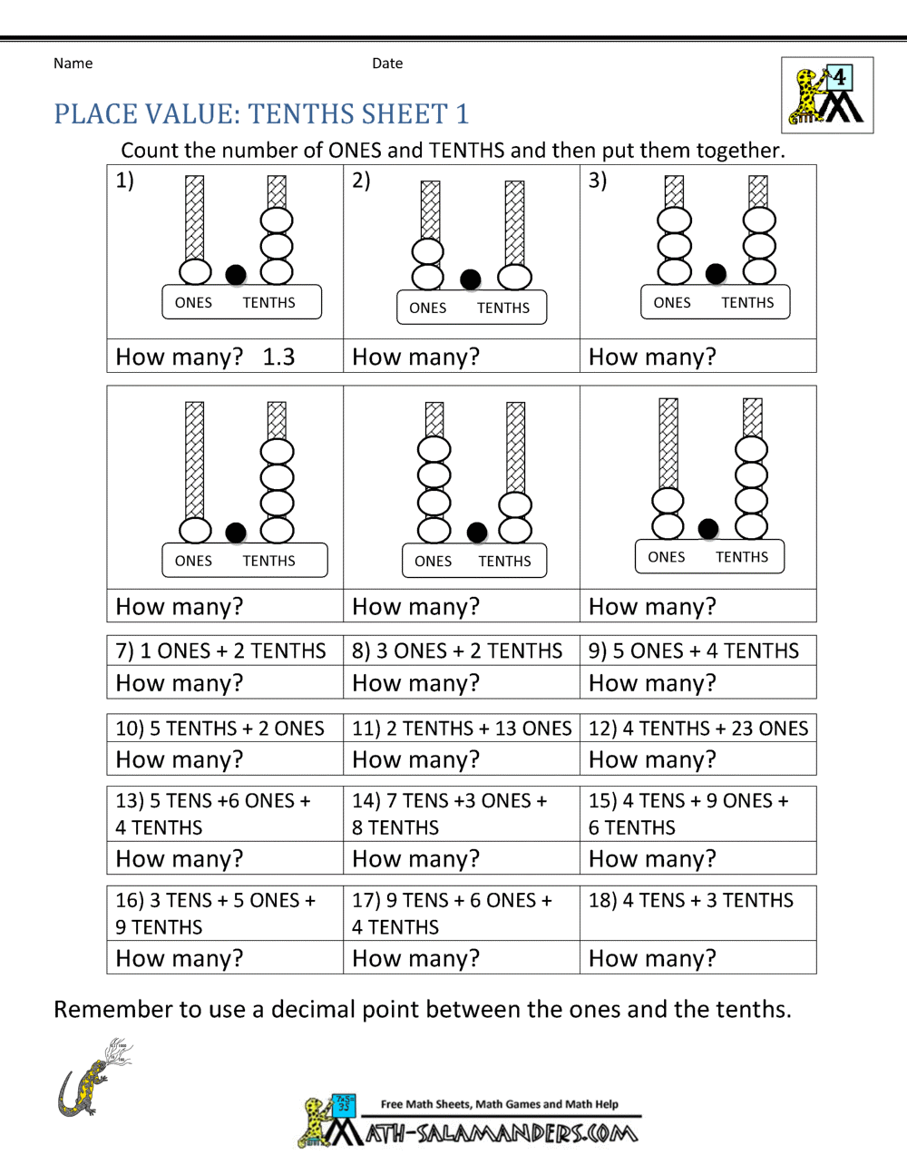 Changing Decimal Fractions Into Decimals Worksheet 4th Grade 4 NF 6 Worksheets Library