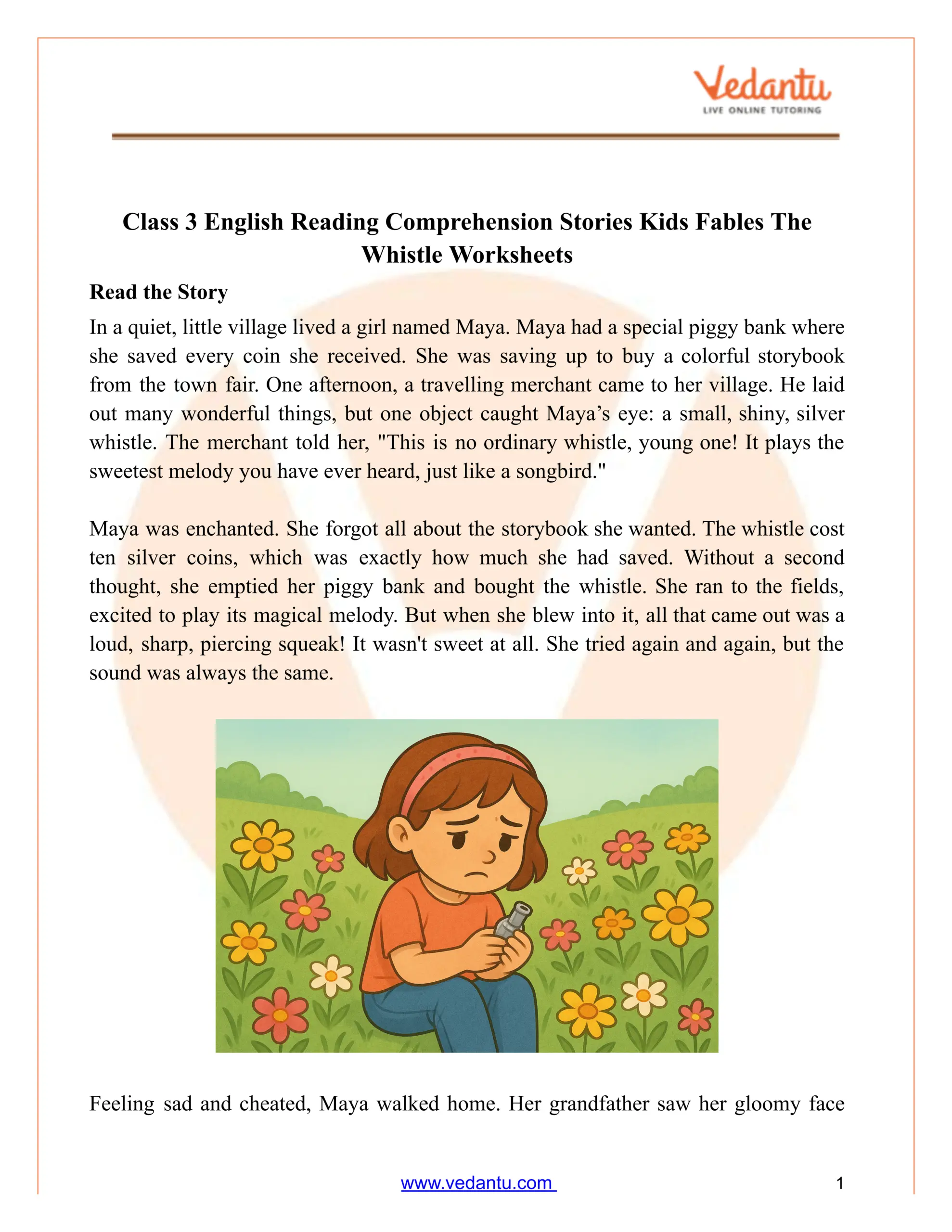 Class 3 Reading Comprehension The Whistle Fable Worksheet PDF