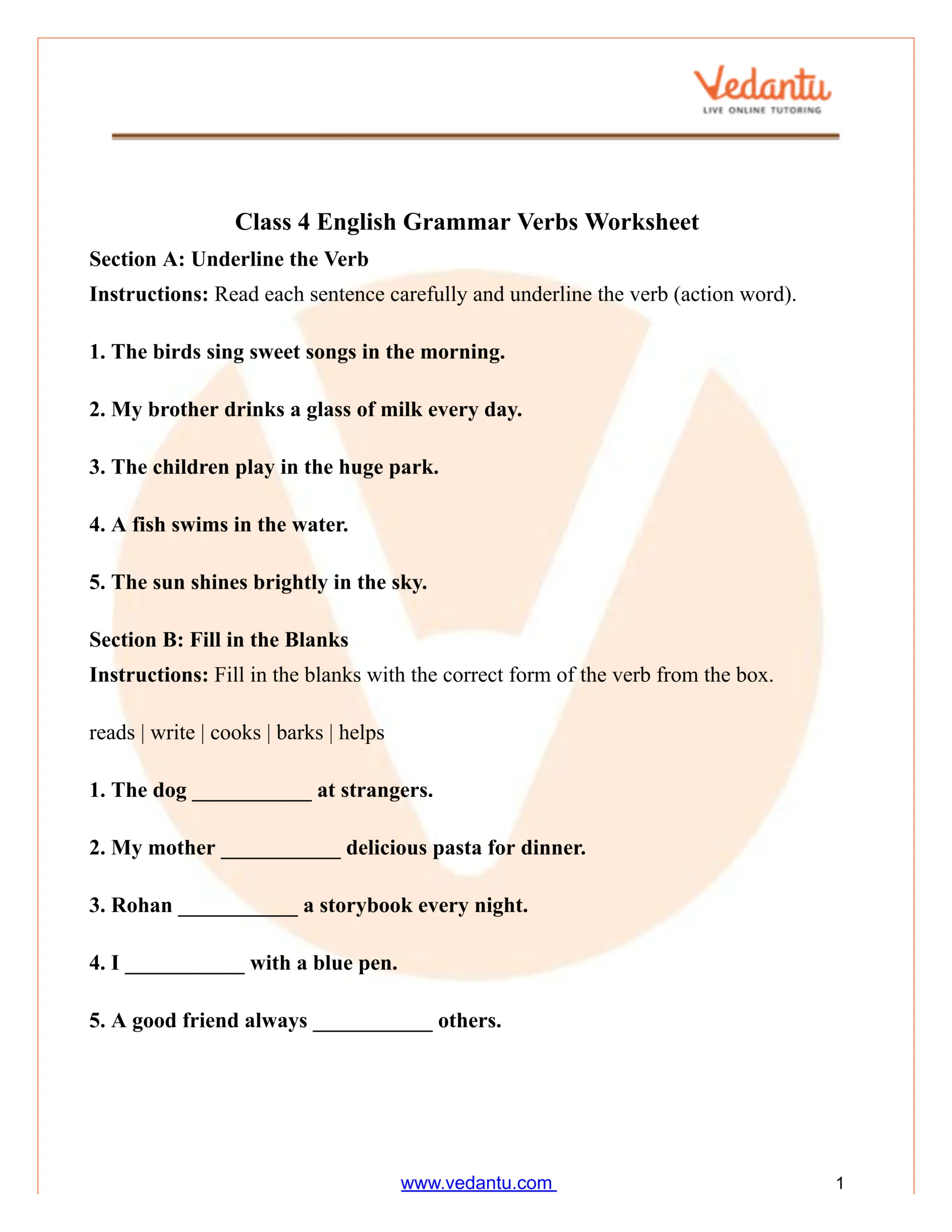 Class 4 English Grammar Verbs Worksheet PDF Free Practice Class 4 English Grammar Verbs Worksheet PDF Free Practice