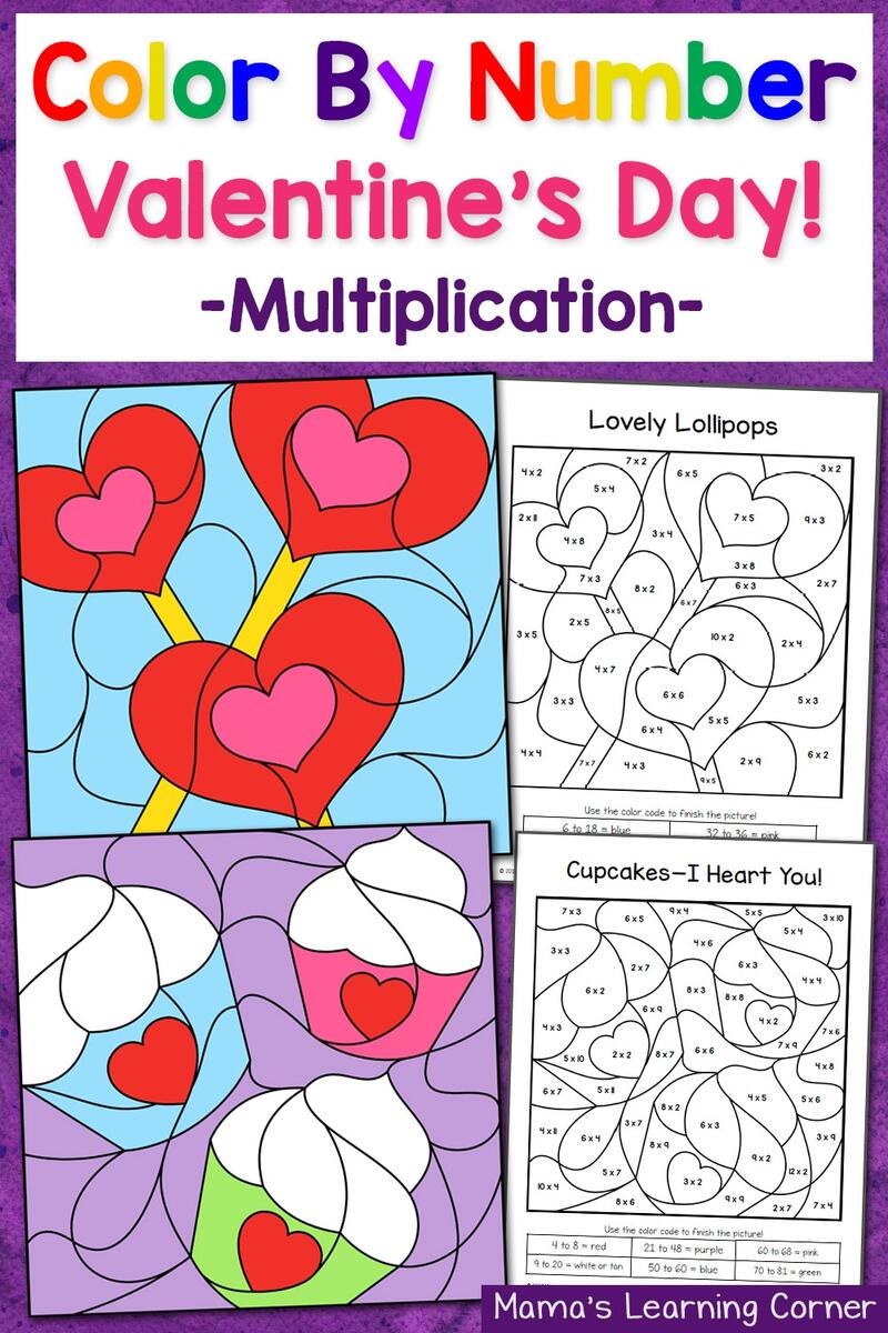 Color By Number Valentine S Day Multiplication Worksheets Mamas Learning Corner FREE Printable Valentine S Day Math Worksheets