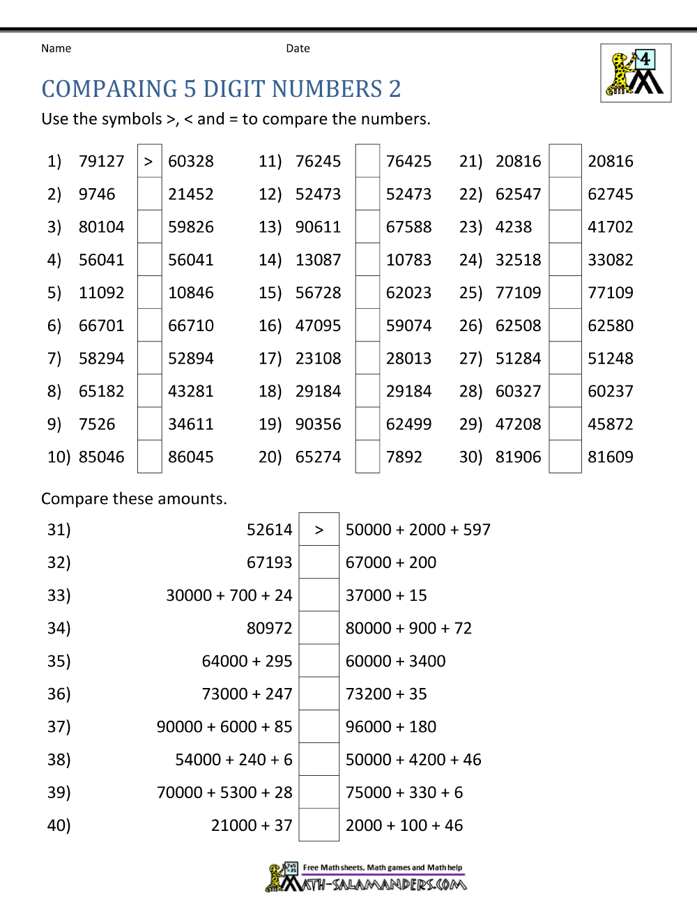 Comparing And Ordering Whole Numbers Worksheets