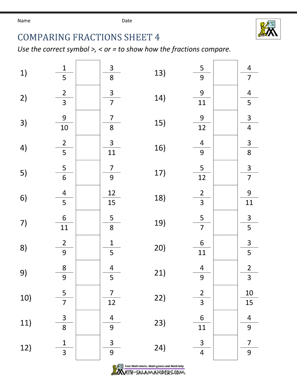 Comparing Fractions Numeric Worksheet Download