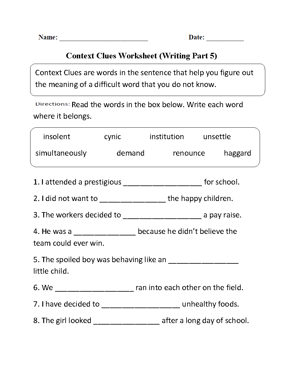 Context Clues Worksheet 1 5 Reading Activity