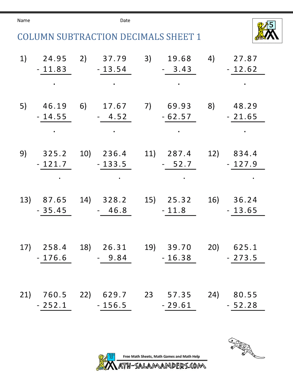 Subtracting Decimals Worksheet
