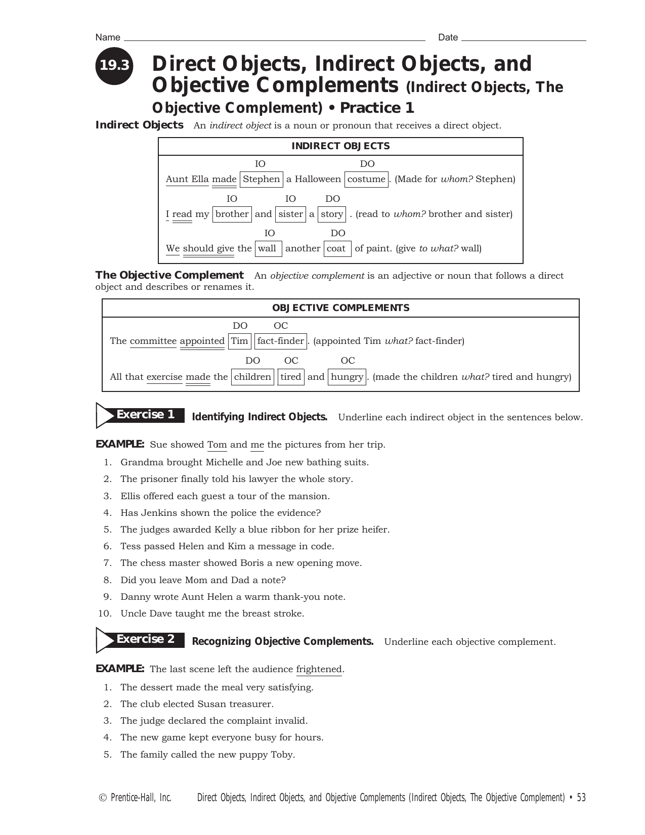 Direct Indirect Objects Objective Complements Worksheet Direct Indirect Objects Objective Complements Worksheet