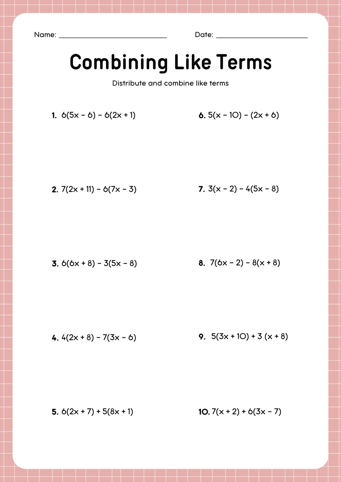Distributive Property And Combining Like Terms Worksheet