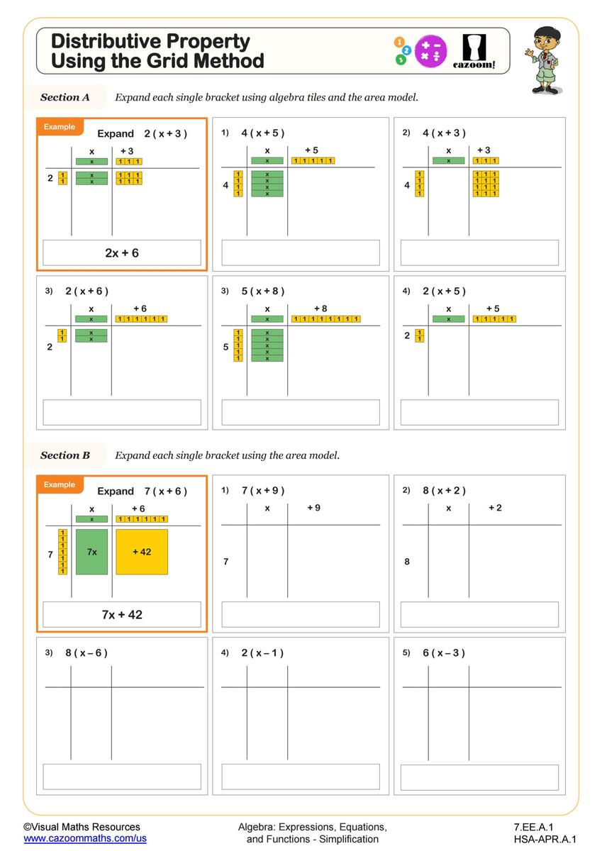 Distributive Property Using The Grid Method Worksheet PDF Printable Algebra Worksheet Cazoom Math