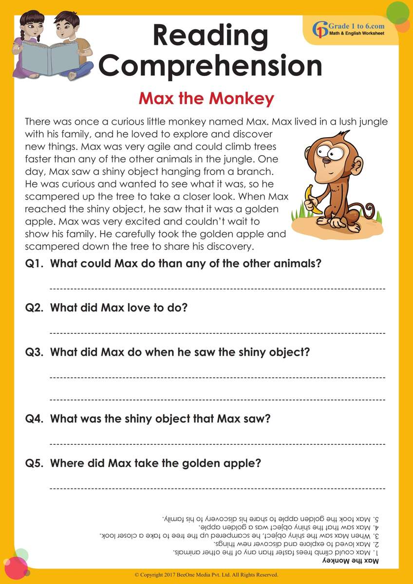 English Worksheets For Grade 1 Reading Comprehension