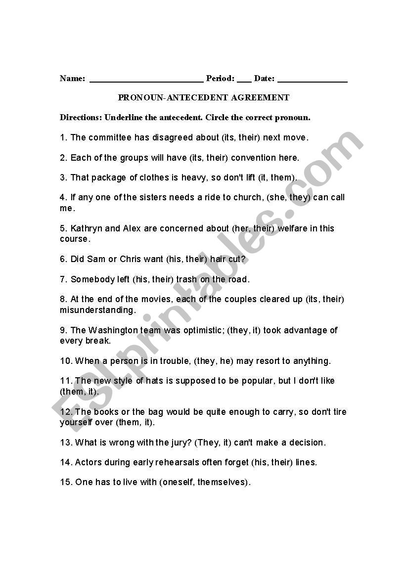 English Worksheets Pronoun Antecedent Agreement Worksheets Library