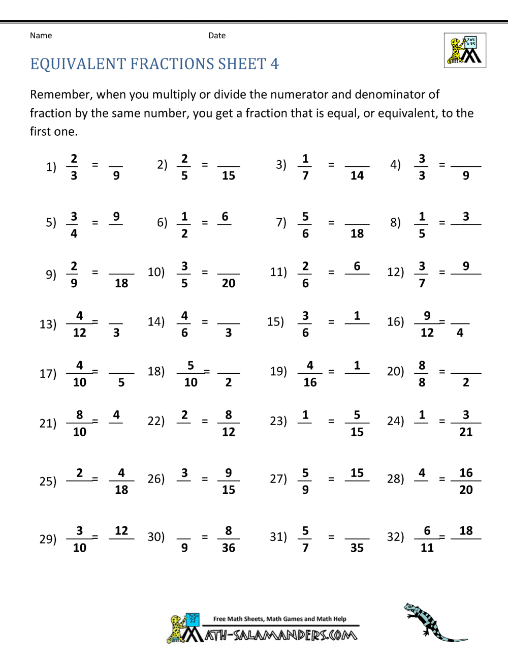 Equivalent Fractions Worksheet Equivalent Fractions Worksheet