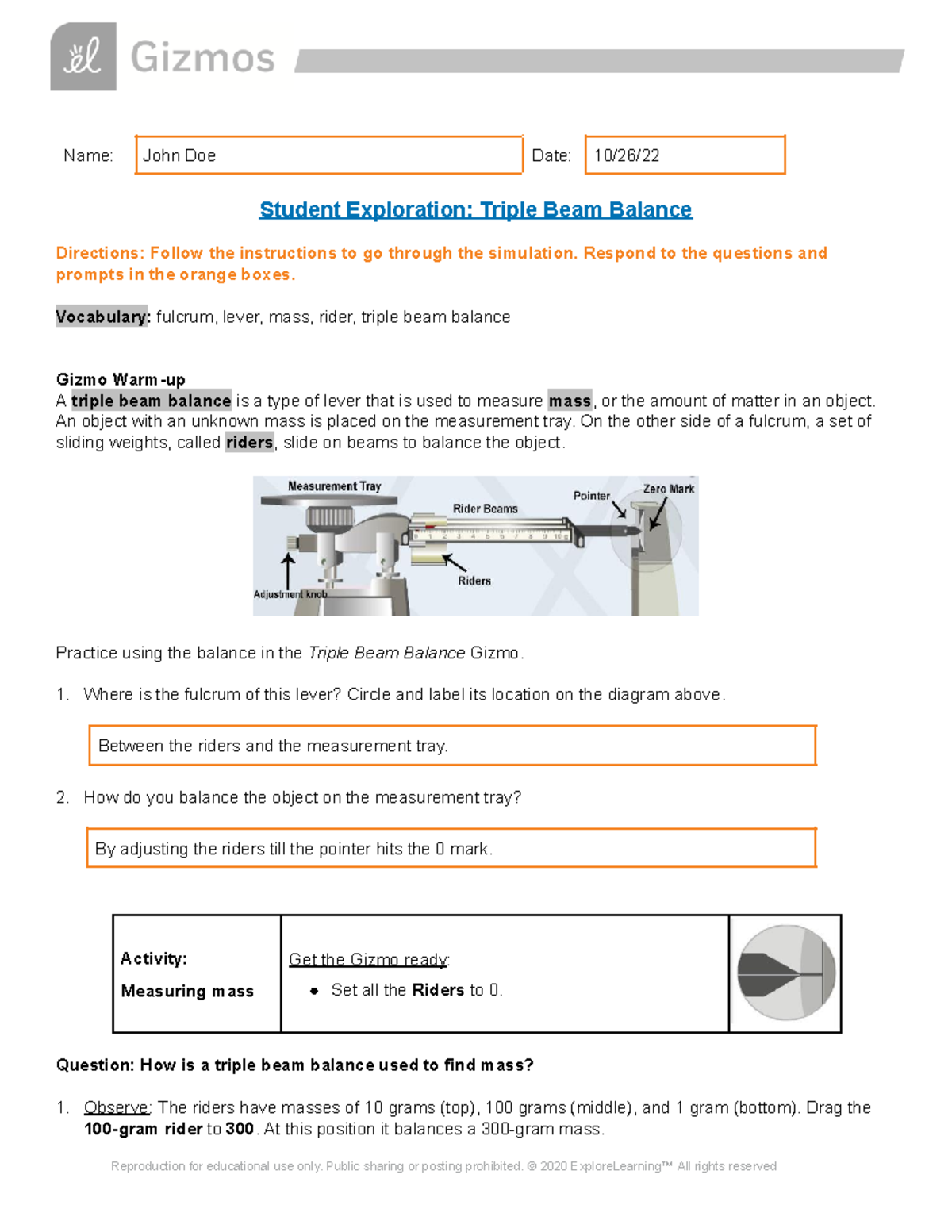 Exploring The Triple Beam Balance Mass Measurement Gizmo Activity Studocu