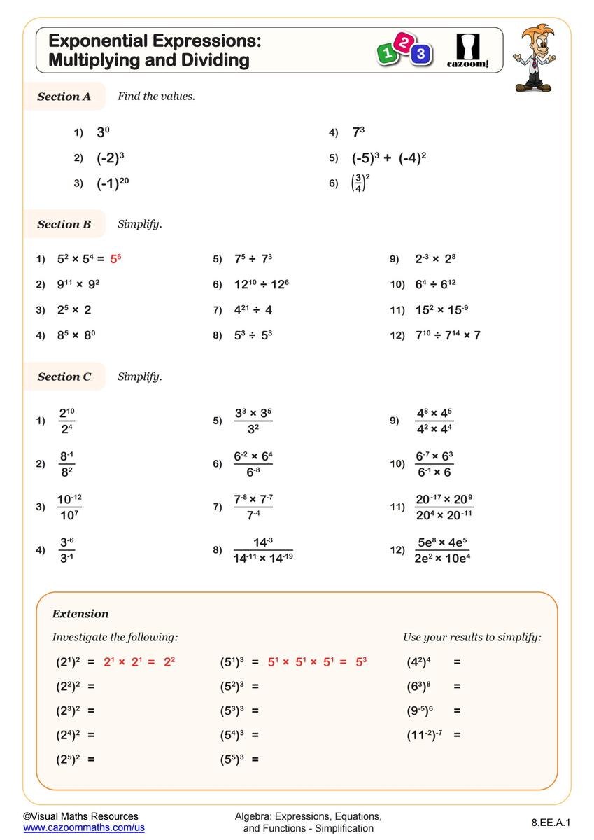 Exponential Expressions Multiplying And Dividing Worksheet Fun And Engaging 8th Grade PDF Worksheets Cazoom Math Exponents Worksheets