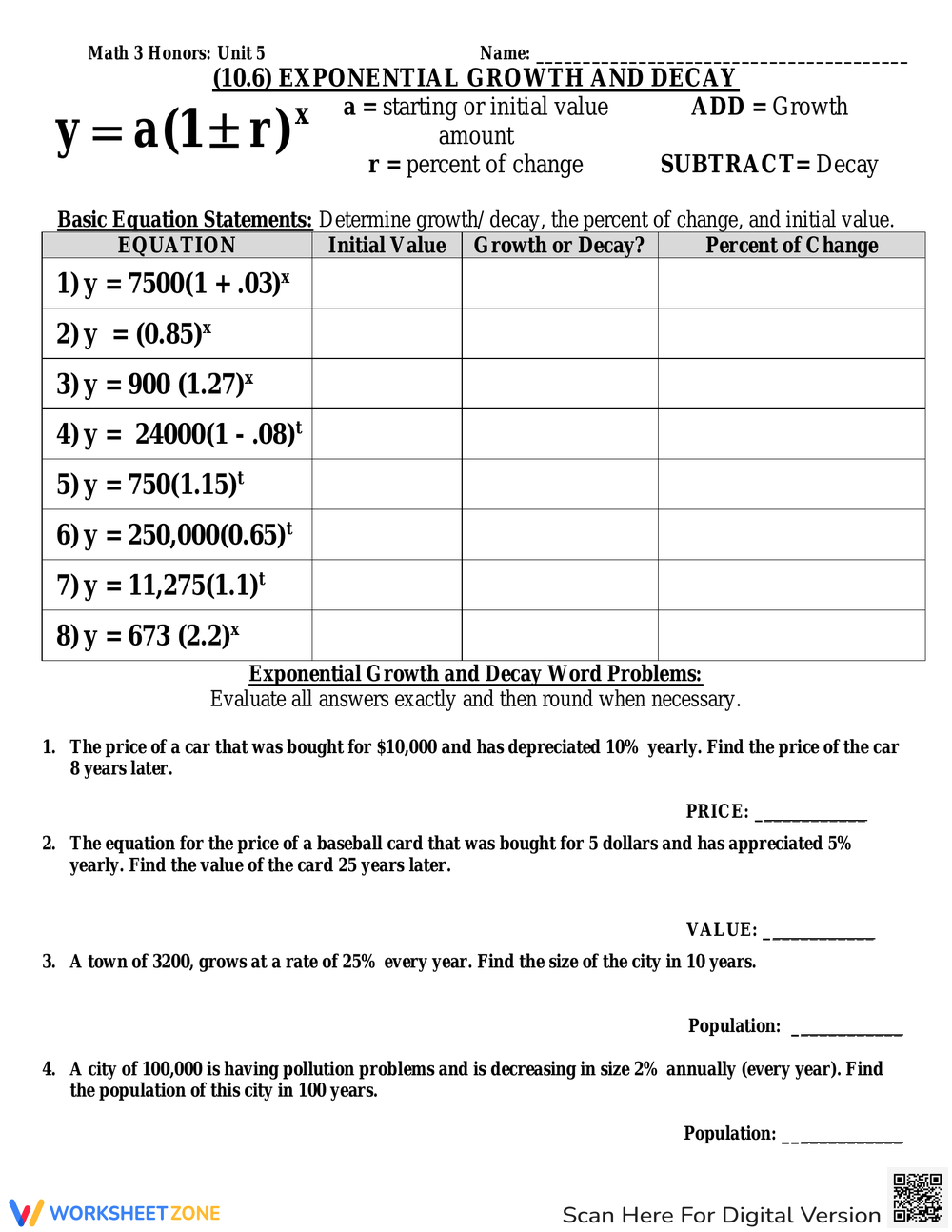 Exponential Growth And Decay Worksheets