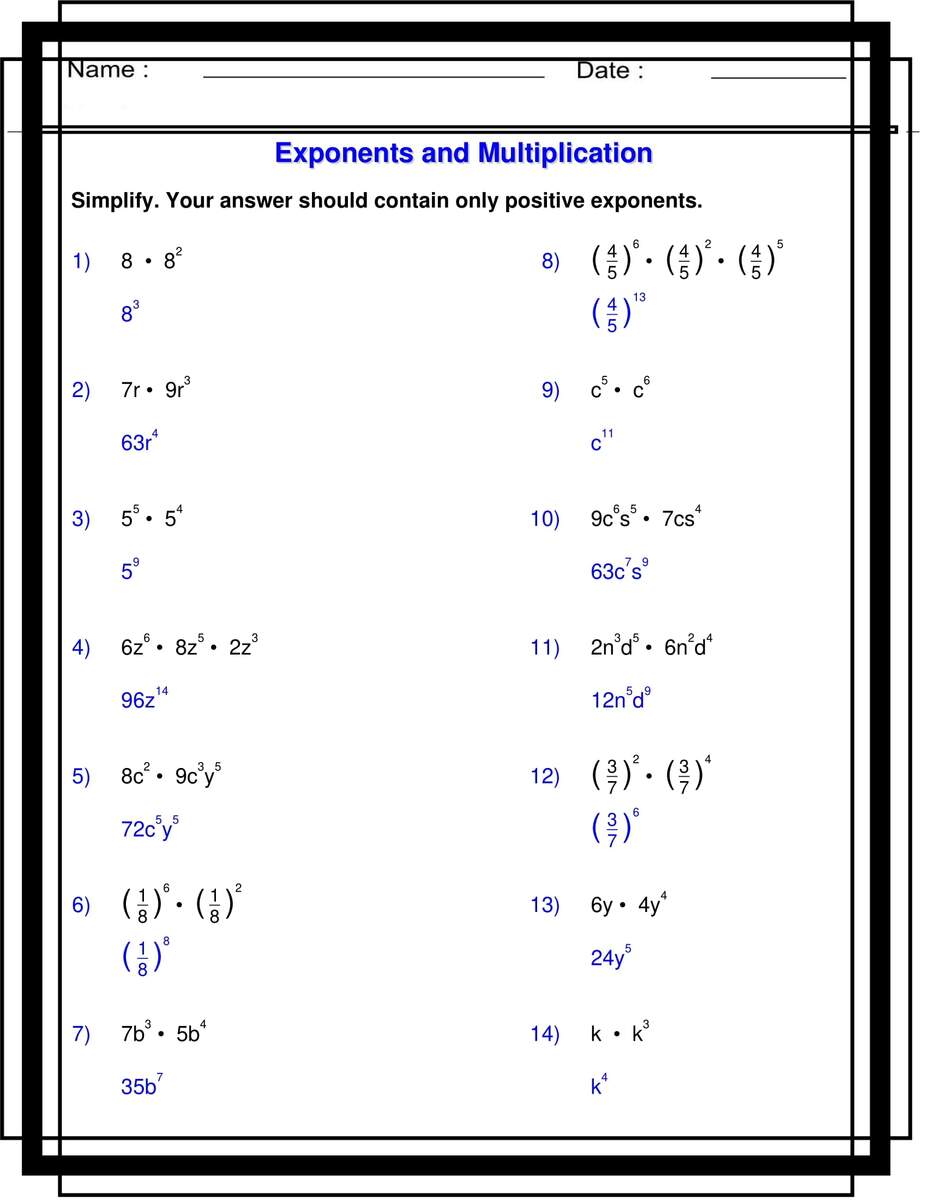 Exponents With Multiplication Algebra 1 Exponents Worksheets Made By Teachers Exponents Worksheets