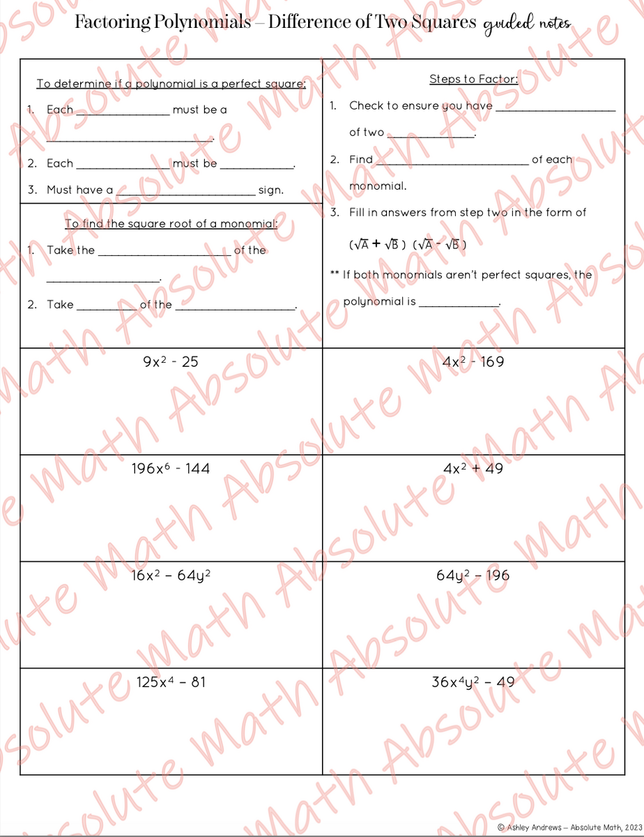 Factoring Difference Of Squares Guided Notes Classful