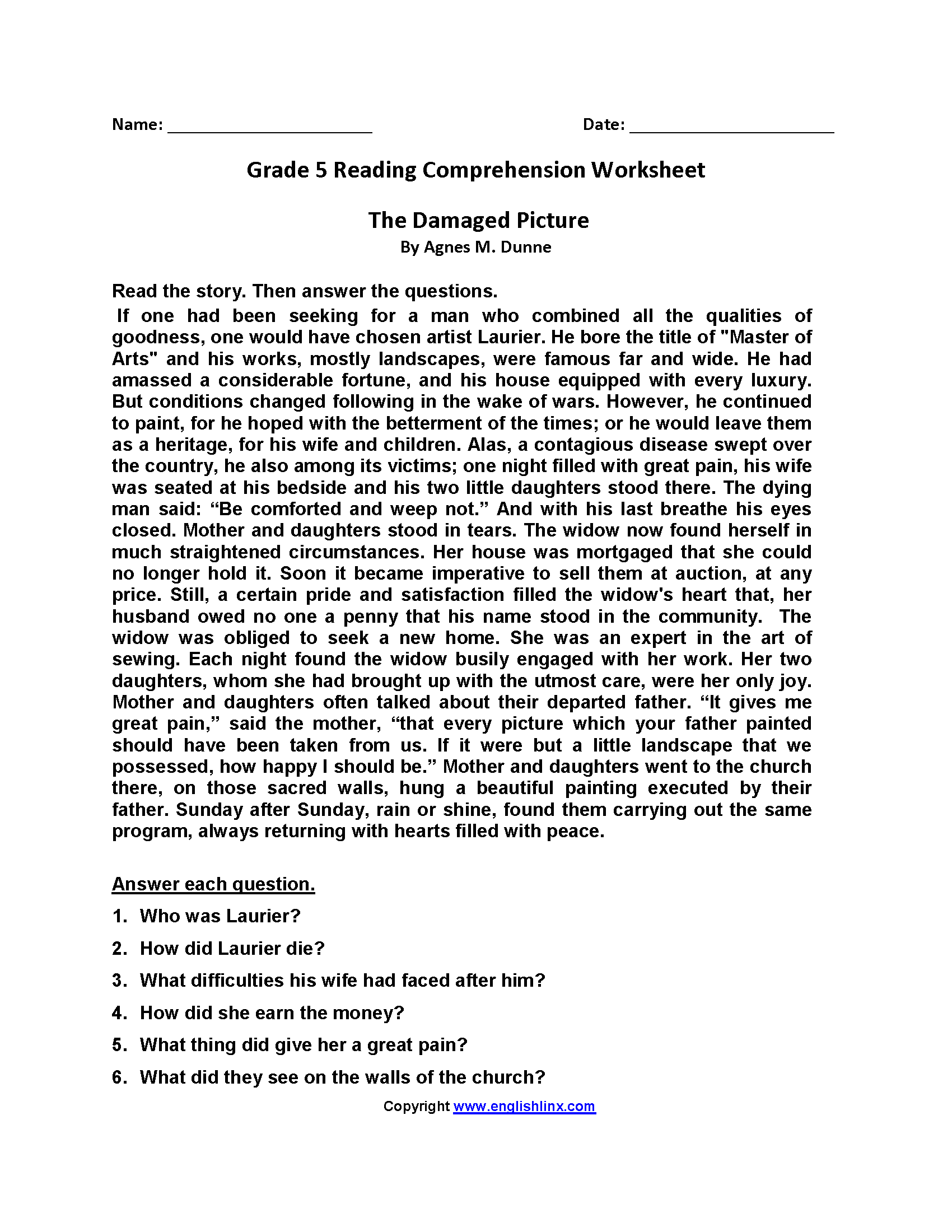 Fifth Grade Reading Comprehension Superstar Worksheets