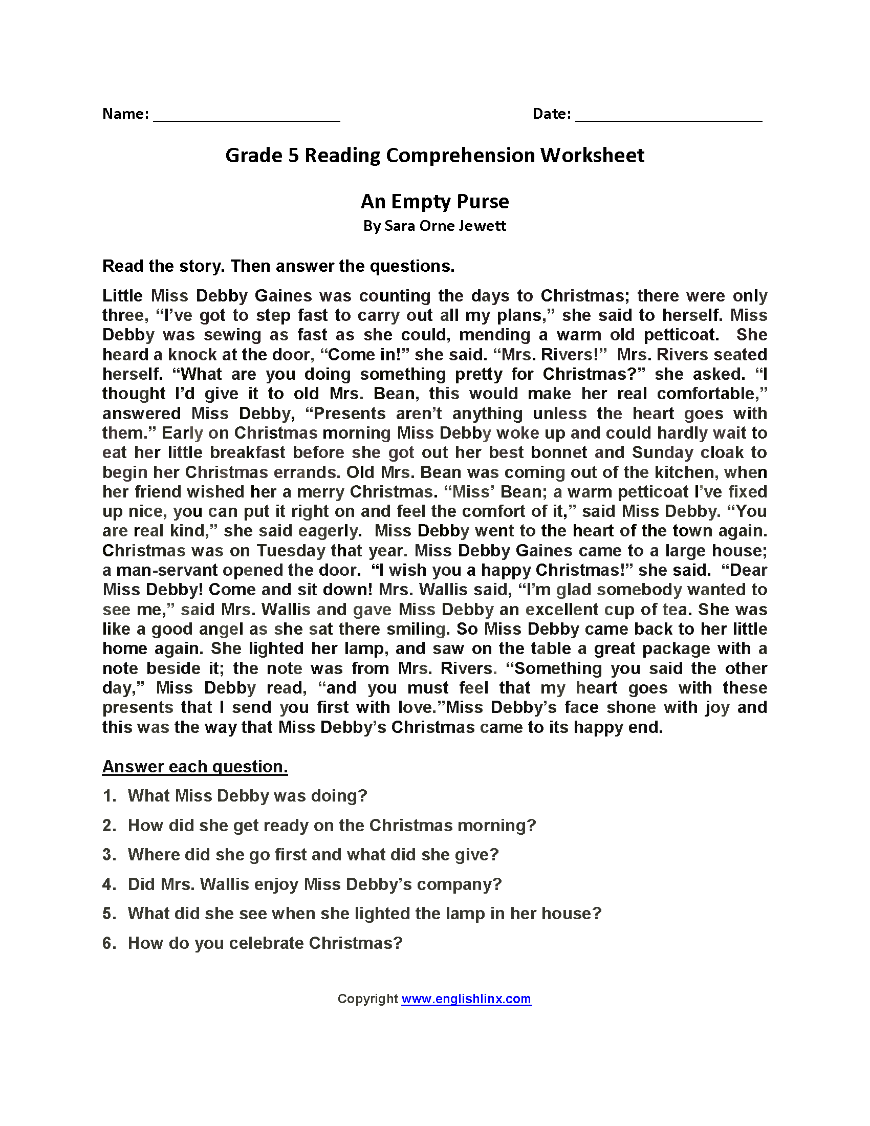 Reading Comprehension Worksheet For Grade 5 Grade1to6