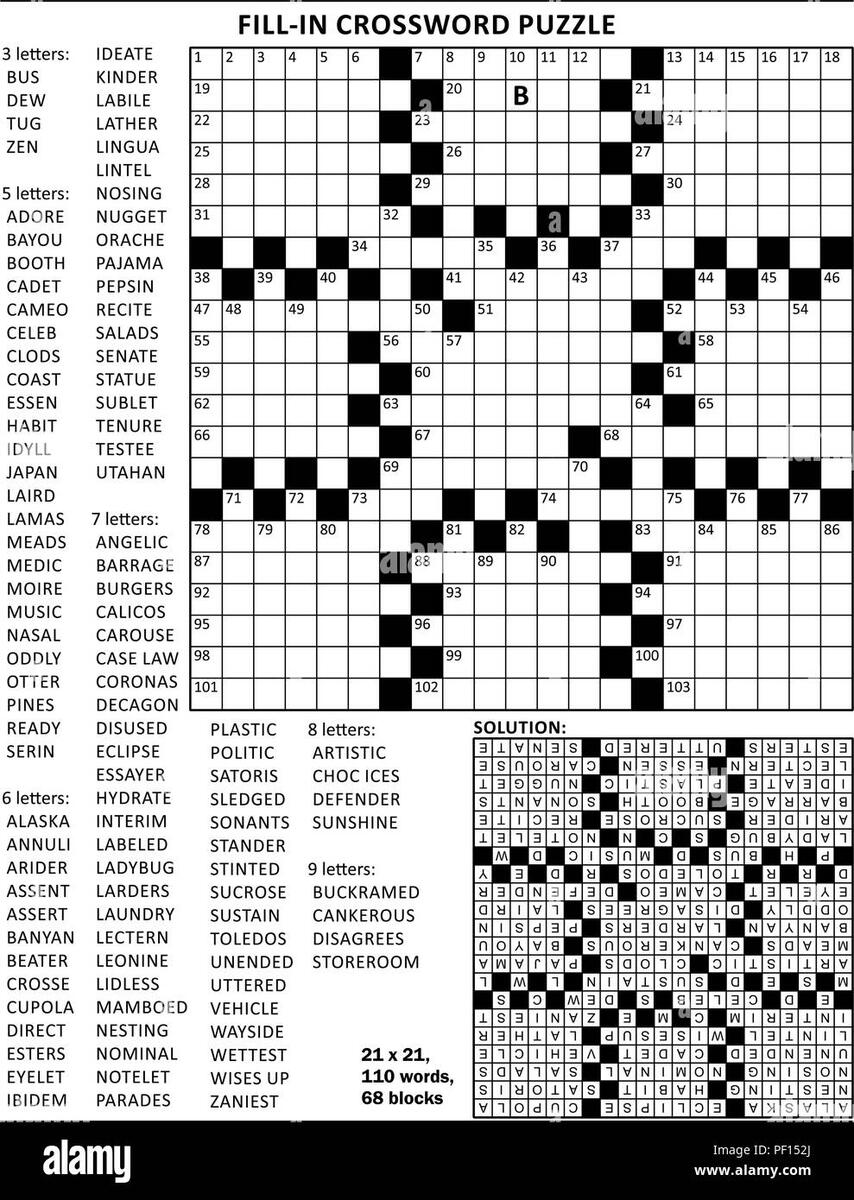 Fill In The Blanks Crossword Puzzle With American Style Grid Of 21x21 Size 68 Blocks 110 Words One Letter Revealed Answer Included Stock Vector Image Art Alamy Fill In The Blanks Crossword Puzzle With American Style Grid Of 21x21 Size 68 Blocks 110 Words One Letter Revealed Answer Included Stock Vector Image Art Alamy