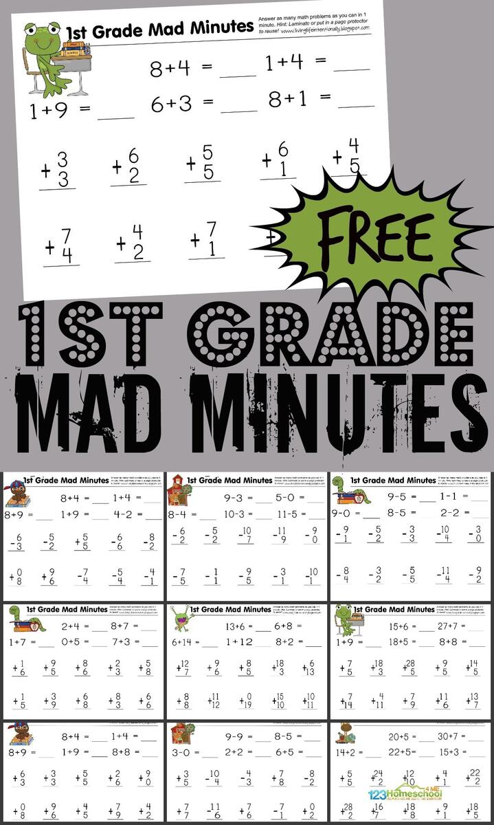 FREE 1st Grade Printable Math Worksheets First Grade Mad Minutes Addition Worksheets Free Printable Easy Math Problems Free Printables Lettering SVG Files Tools Apps
