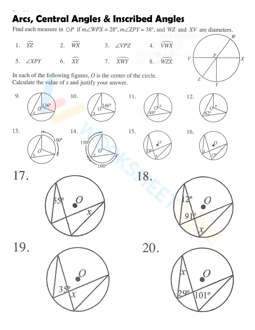 Free Collection Of Inscribed Angles Worksheets For Students Worksheets Library