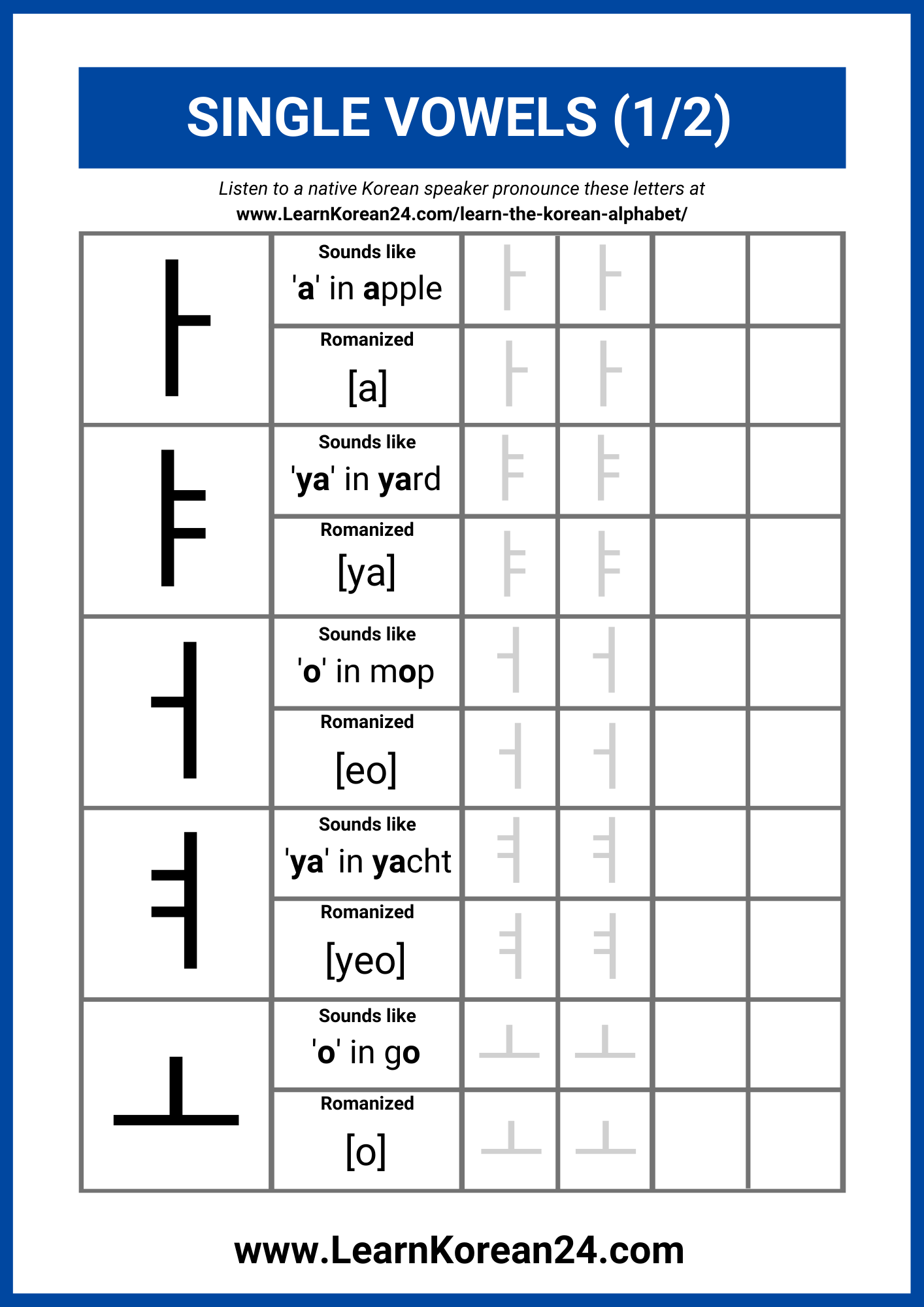 Free Korean Alphabet Worksheets PDF LearnKorean24 8 Learning Practicing Korean Ideas Korean Words Learning Korean Language Learning Korean Lessons